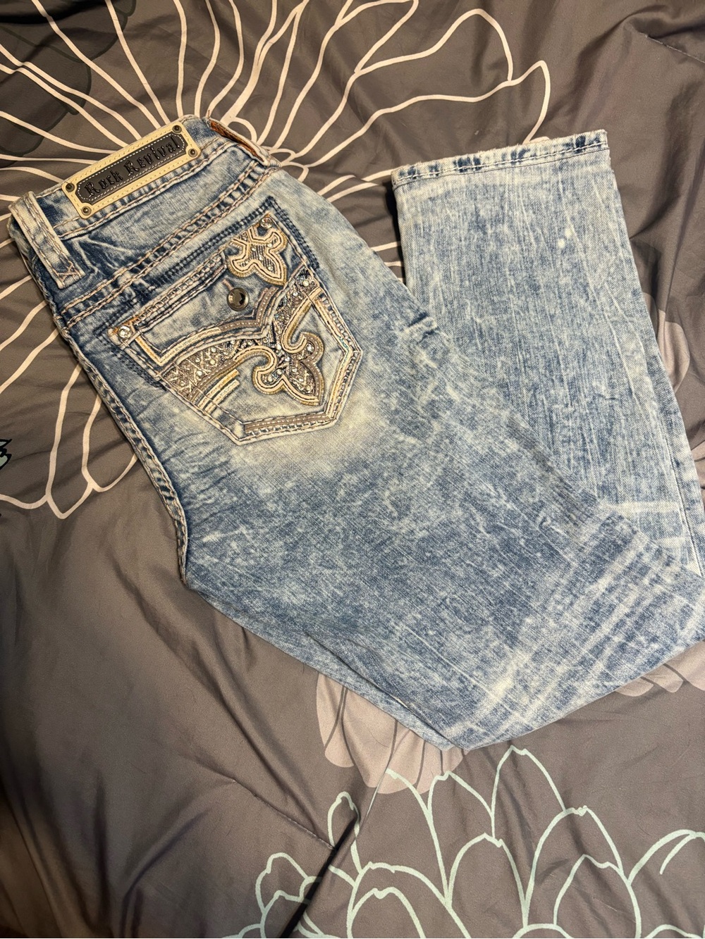 Rock Revival Light Blue Acid Wash Jeans with Embellished Back Pocket Buckle